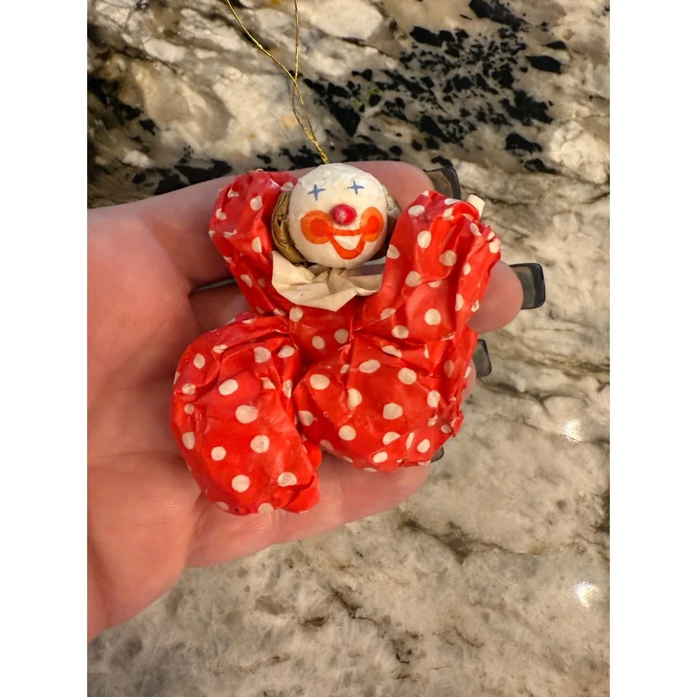 Vintage‎ Polka Dot Clown Ornament Red White Crepe Paper Mache Christmas Holiday